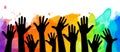 Colorful up hands illustration, an association, unity, partners, company, friendship, friends background Volunteers cele