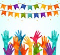 Colorful up hands. Vector illustration, an association, unity, partners, company, friendship, friends background Volunteers celebr