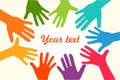 Colorful up hands. Vector illustration, an associers celation, unity, partners, company, friendship, friends background Volunteebr Royalty Free Stock Photo