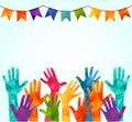 Colorful up hands. Vector illustration, an associers celation, unity, partners, company, friendship, friends background Volunteebr Royalty Free Stock Photo