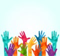 Colorful up hands. Vector illustration, an associers celation, unity, partners, company, friendship, friends background Volunteebr Royalty Free Stock Photo