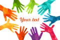 Colorful up hands. Vector illustration, an associers celation, unity, partners, company, friendship, friends background Volunteebr