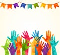 Colorful up hands. Vector illustration, an associers celation, unity, partners, company, friendship, friends background Volunteebr Royalty Free Stock Photo