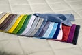 Colorful upholstery fabric samples in the store. Types Of Fabrics Royalty Free Stock Photo