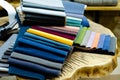 Colorful upholstery fabric samples in the store. Types Of Fabrics Royalty Free Stock Photo