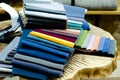 Colorful upholstery fabric samples in the store. Types Of Fabrics Royalty Free Stock Photo
