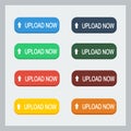 Colorful upload now button with pointing hand set. Flat illustration. Upload button collection