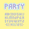 Colorful uppercase geometric party font design, cyan magenta polygon English alphabet on yellow background. Royalty Free Stock Photo