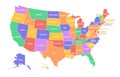 Colorful USA map. United States of America regions with different colors and names for travel and geography vector