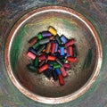 Colorful used wax crayons