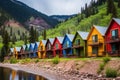 colorful vacation cabins against the mountain backdrop
