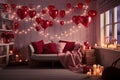 Colorful Valentine\'s Day Room Decoration with Festive Balloons and Bright Lighting