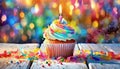 A colorful vanilla cupcake sitting on a wood table with a lit candle, sprinkles and confetti and a colorful bokeh party Royalty Free Stock Photo