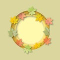 Colorful variegated foliage background with empty pastel circle. Autumn or fall leaves and thanksgiving day concept. Royalty Free Stock Photo