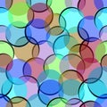 Colorful variegated seamless background with semitransparent circles, bubbles with black highlightning, textile patterns