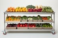 colorful variety of fresh fruits and vegetables in fully stocked supermarket shopping cart