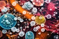 Colorful variety of microorganism inside petri dish plate background in laboratory with super macro zoom, including of bacteria,