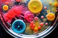 Colorful variety of microorganism inside petri dish plate background in laboratory with super macro zoom, including of bacteria,