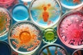 Colorful variety of microorganism inside petri dish plate background in laboratory with super macro zoom, including of bacteria,