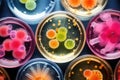 Colorful variety of microorganism inside petri dish plate background in laboratory with super macro zoom, including of bacteria,