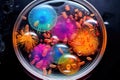 Colorful variety of microorganism inside petri dish plate background in laboratory with super macro zoom, including of bacteria,