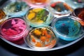 Colorful variety of microorganism inside petri dish plate background in laboratory with super macro zoom, including of bacteria,