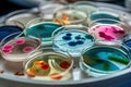 Colorful variety of microorganism inside petri dish plate in laboratory with super macro zoom background, including of bacteria,