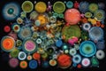 Colorful variety of microorganism inside petri dish plate in laboratory with super macro zoom background, including of bacteria,