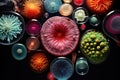 Colorful variety of microorganism inside petri dish plate in laboratory with super macro zoom background, including of bacteria,