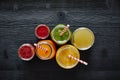 Colorful variety of smoothies and juices