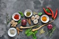 Colorful various of fresh, dried herbs and spices for cooking on a dark background Royalty Free Stock Photo