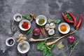 Colorful various of fresh, dried herbs and spices for cooking on a dark background Royalty Free Stock Photo