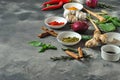 Colorful various of fresh and dried herbs, spices for cooking. Royalty Free Stock Photo