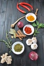 Colorful various of fresh and dried herbs, spices for cooking. Royalty Free Stock Photo