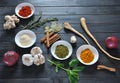 Colorful various of fresh and dried herbs, spices for cooking. Royalty Free Stock Photo