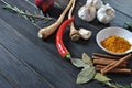 Colorful various of fresh and dried herbs, spices for cooking. Royalty Free Stock Photo