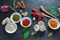 Colorful various of fresh and dried herbs, spices for cooking. Royalty Free Stock Photo
