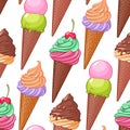 Colorful various ice cream cones seamless vector pattern.