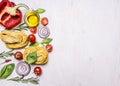 Colorful various Ingredients for cooking vegetarian pasta with flour, vegetables, oil and herbs, onion, pepper on wooden rustic b Royalty Free Stock Photo