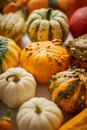 Colorful various kinds mini pumpkins on white background, top view, flat lay. Fall background. Royalty Free Stock Photo