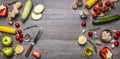 Colorful various of organic farm vegetables on grey wooden background, top view. Healthy foods, cooking and vegetarian concept. pl