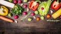 Colorful various of organic farm vegetables peppers, carrots, daikon, lettuce, radishes, corn, rosemary border ,place text on Royalty Free Stock Photo