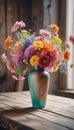 A colorful vase filled to the brim with fresh flowers perched atop a rustic wooden table displays a burst of blooms.