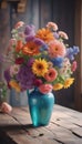 A colorful vase filled to the brim with fresh flowers perched atop a rustic wooden table displays a burst of blooms.
