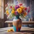 A colorful vase filled to the brim with fresh flowers perched atop a rustic wooden table displays a burst of blooms.