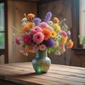 A colorful vase filled to the brim with fresh flowers perched atop a rustic wooden table displays a burst of blooms.