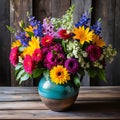 A colorful vase filled to the brim with fresh flowers perched atop a rustic wooden table displays a burst of blooms.