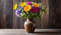 A colorful vase filled to the brim with fresh flowers perched atop a rustic wooden table displays a burst of blooms.