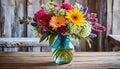 A colorful vase filled to the brim with fresh flowers perched atop a rustic wooden table displays a burst of blooms.