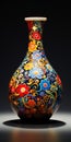 Colorful Vase With White Painted Flowers - Qajar Art Decorative Piece